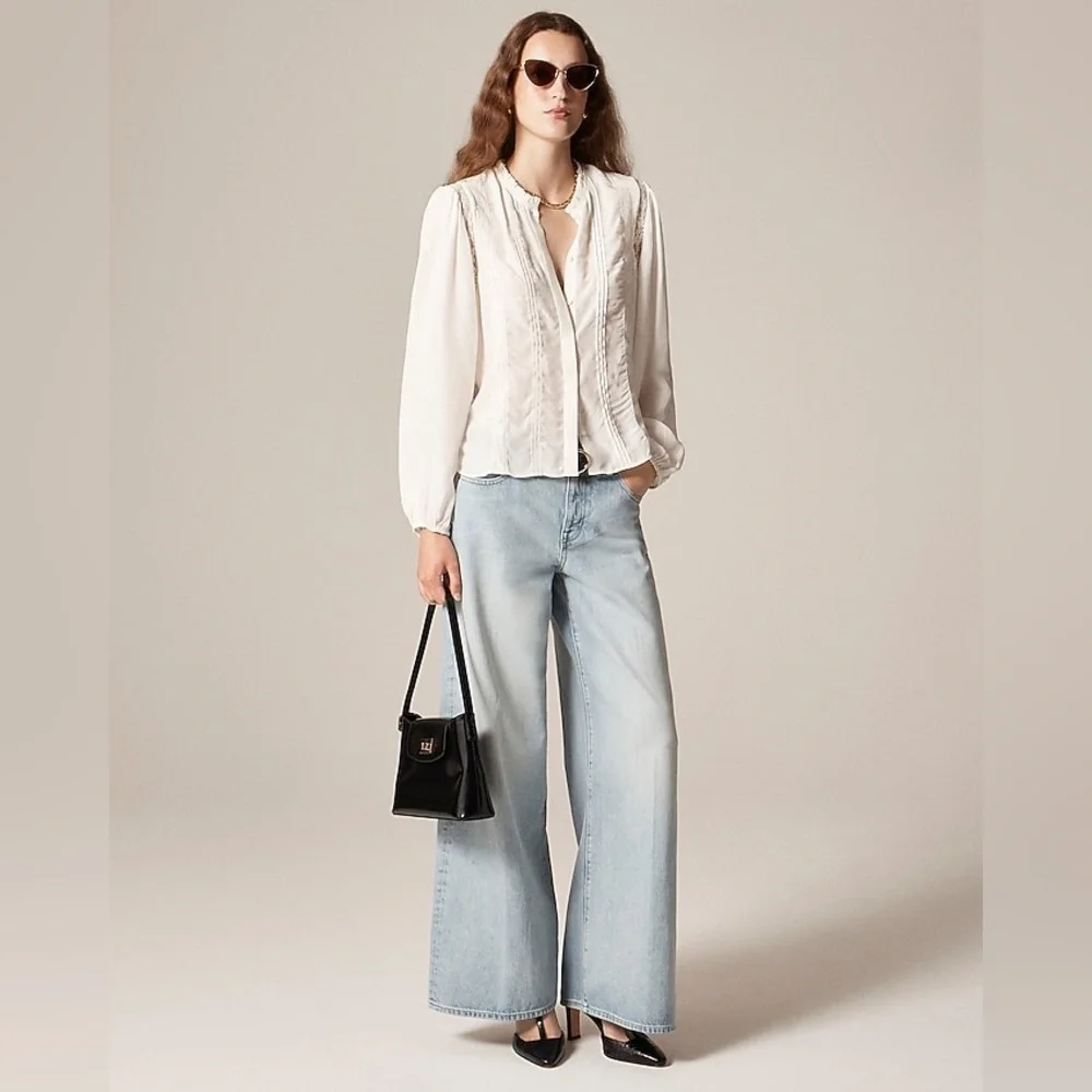 NWT J.Crew Lace Trim Pintuck Top in Crepe de Chine